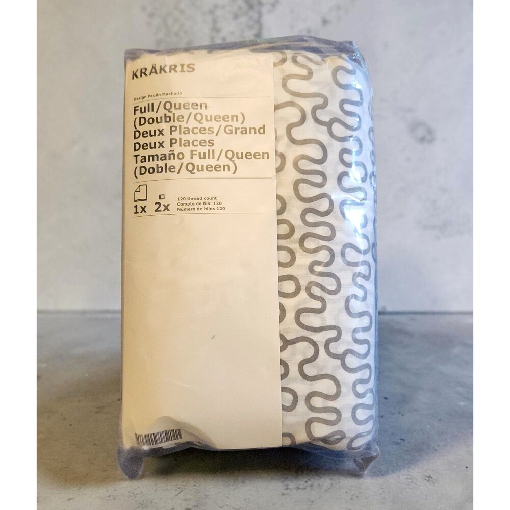 IKEA Krakris Queen/ Full Duvet Cover & 2 Pillowcases White Gray Squiggles Scandi